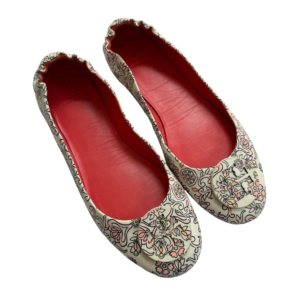 Tory Burch Minnie Travel Ballet Flats Cream Pink Floral Paisley Leather Size 9